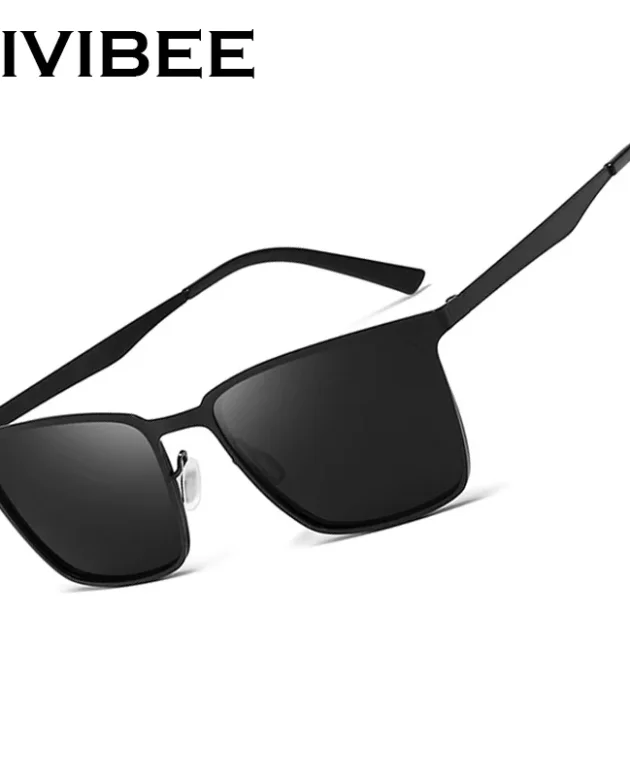 VIVIBEE Classic Rectangle Polarized Sunglasses Men Matte Black UV400 Fashion Square Sun Glasses Spring Hinge Driving Shades