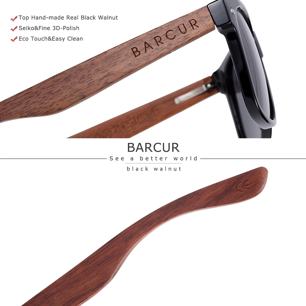 BARCUR Black Walnut Sunglasses Wood Polarized Sunglasses Men Glasses Men UV400 Protection Eyewear Wooden Original Box - Image 3
