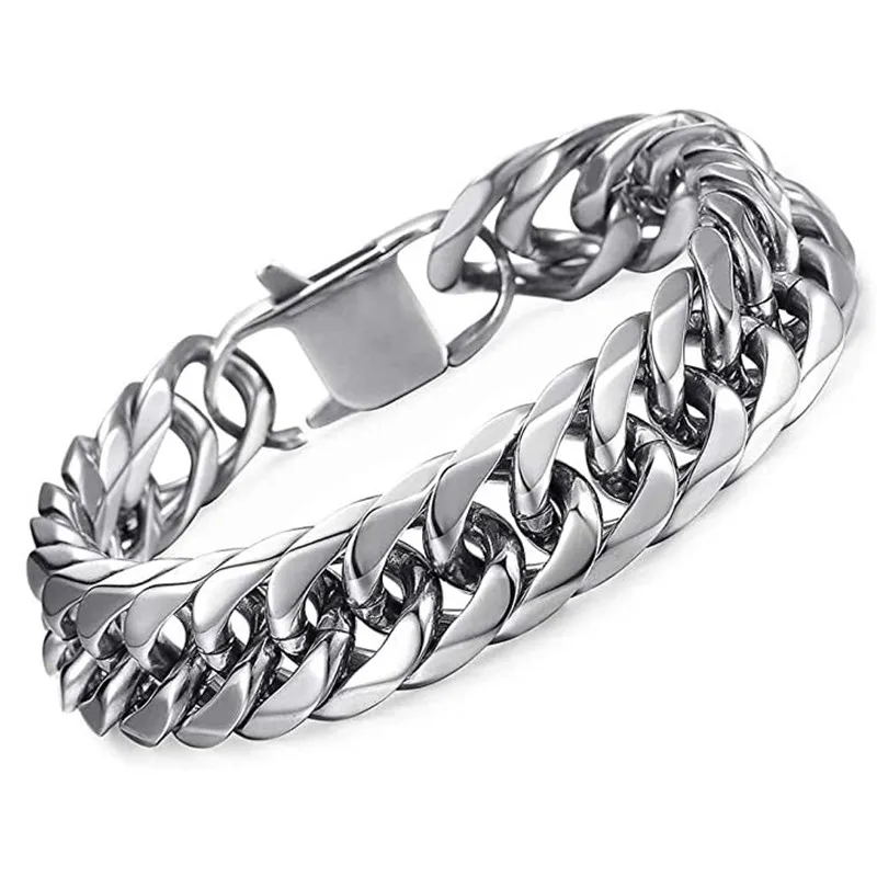 HNSP Stainless Steel LA Cuban Link Chain Bracelet For Men Punk Hip Hop Silver Color Hand Chain 8/10/12/14MM Thick