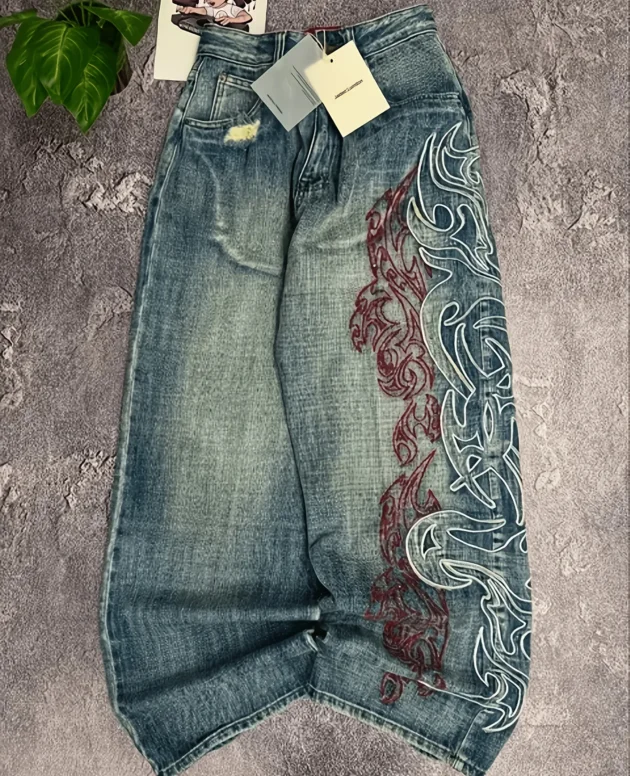 Men's Loose Fit Wide Leg Jeans Tribal Flame Embroidery Vintage Washed Denim Pants Streetwear Daily Wear