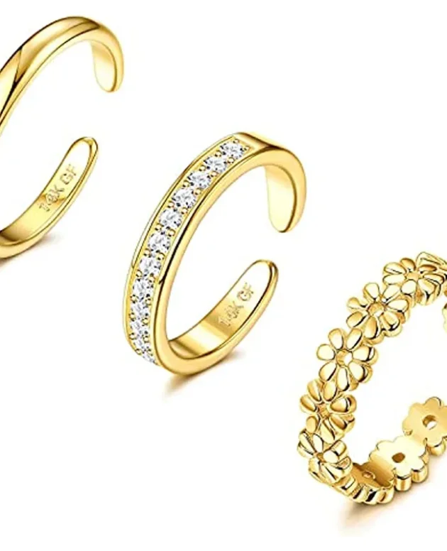 3PCS Filled Toe Rings Set for Women 14K Gold Plating Adjustable Simple CZ Flower Ring Summer Beach Jewelry