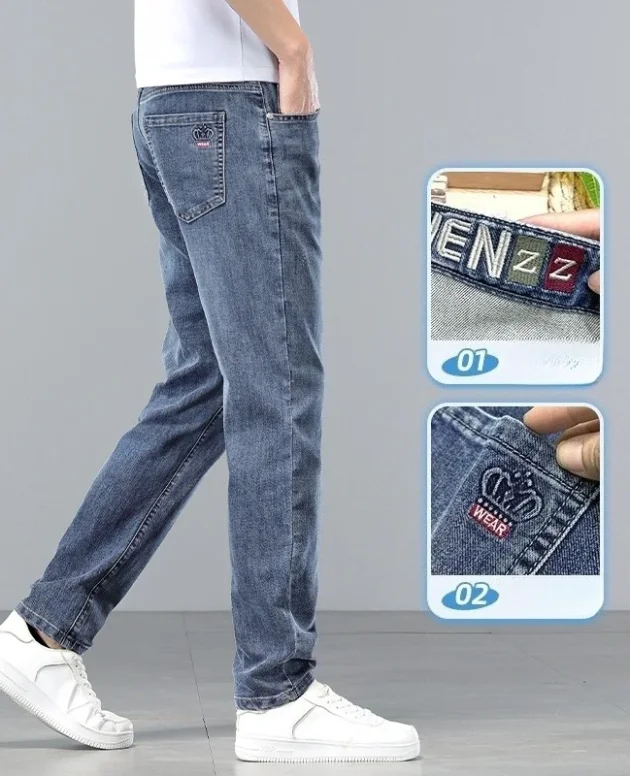  Brand Clothing Spring Summer Slim Men's Jeans Casual Breathable Cotton Fabric Stretch Denim Pants Blue Trousers Male Plus Size