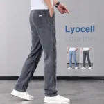 Summer Thin Men's Jeans Lyocell Fabric Soft Breathable Straight Denim Pants Brand Man Elastic Ice Silk Casual Trousers Grey Blue