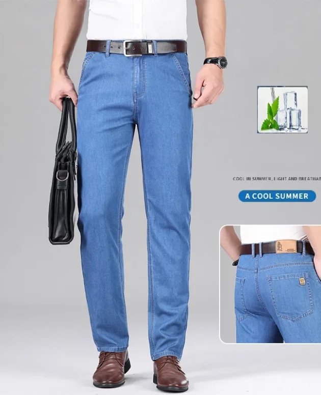 New Lyocell Fabric Jeans Men Summer Thin Business Straight Leg Loose Trousers Men's Casual Long Pants Large Size