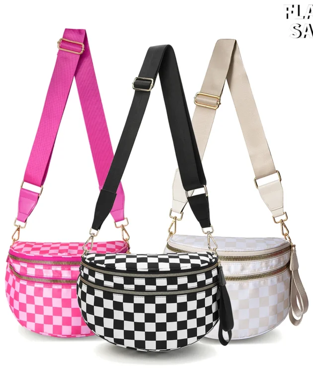 DOYOGI Black and White Checkered Spacious Bum Bag Crossbody Bags for Women Nylon Travel essentials Mommy Bag Diaper Bag for Mom