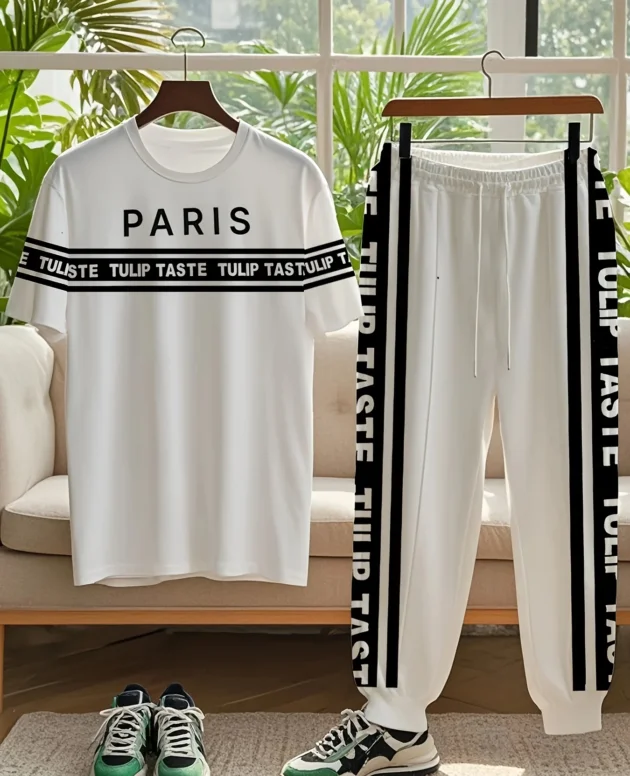 Summer men's letter striped printed breathable soft round neck T-shirt and pants set outdoor casual edition two-piece set