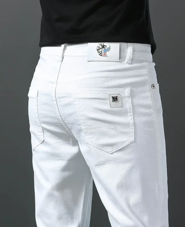 2025 Spring Summer New 98%Cotton Men's Slim Jeans Straight Casual Fashion Pencil Pants High Quality Trousers Male Clothes White