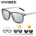 VIVIBEE Color Change Grey Frame Photochromic Polarized Sunglasses Men Square Classic Chameleon Glaases Transition Lens Eyewear