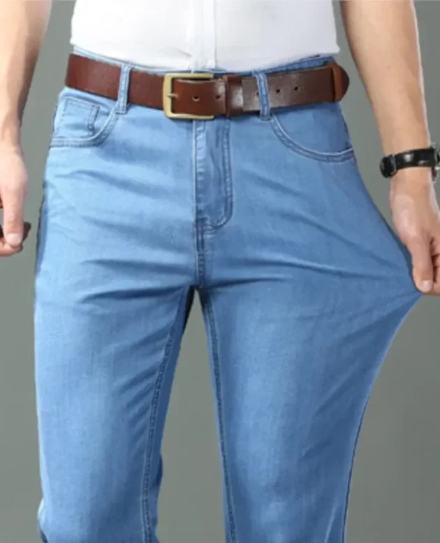 New Ice Silk Thin Denim Jeans For Men Blue Straight Stretch Cotton Pants Business Casual Lightweight Trousers Spring Summer