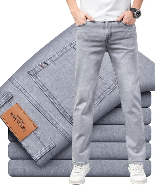 Summer Thin Men's Elastic Cotton Jeans Fashion Gray Comfortable Business Straight Casual Pants Brand Male Clothes Trousers