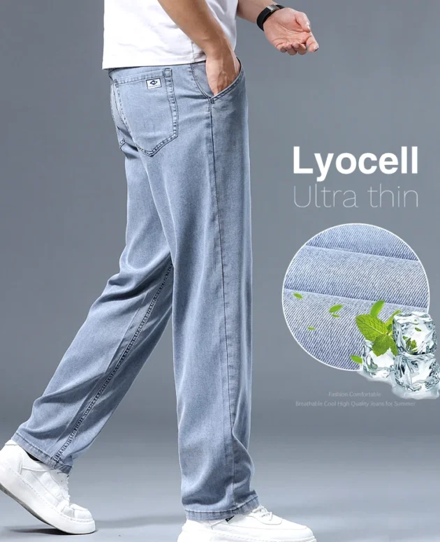 Summer Ultra-thin Men's Jeans Lyocell Soft Breathable Loose Straight Light Blue Denim Pants Business Casual Ice Silk Trousers