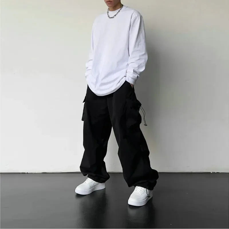 Men's Casual Cargo Pants Fashion Streetwear Classic Man Straight Wide-leg Pants Drawstring Workwear Trendy Loose Cargo Trousers - Image 5