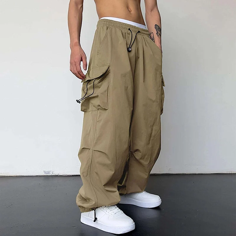 Men's Casual Cargo Pants Fashion Streetwear Classic Man Straight Wide-leg Pants Drawstring Workwear Trendy Loose Cargo Trousers - Image 3