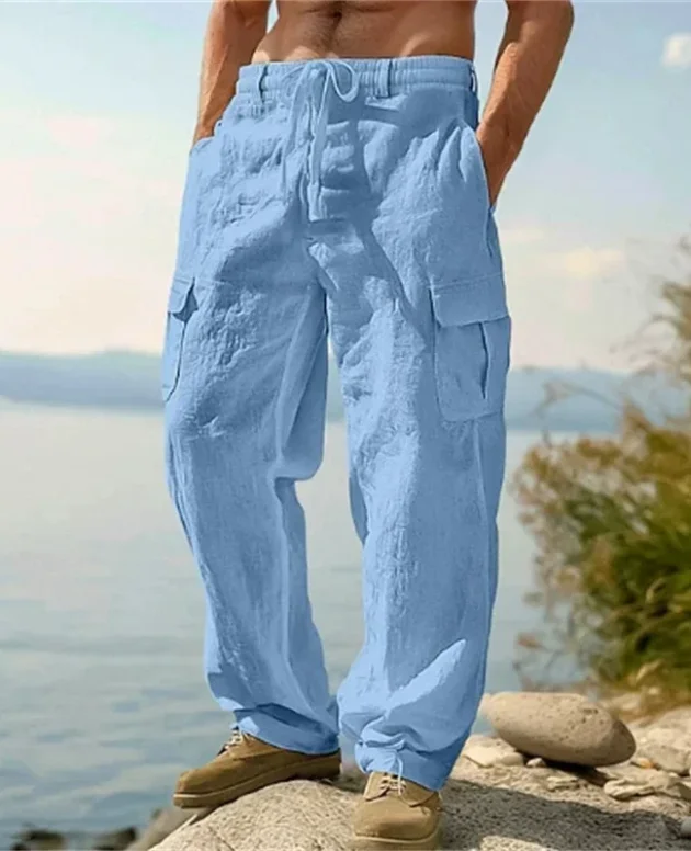 Men's Casual Trousers Loose Comfortable cargo pants Pants Man Cotton Linen multi-pocket Straight trousers Beach thin men Pants