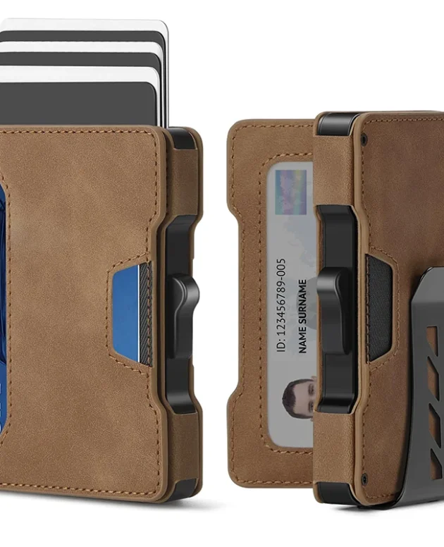 Aluminum Pop Up Card Case and Leather Slots Credit Card Holder RFID Blocking Wallet for Men with Gift Box