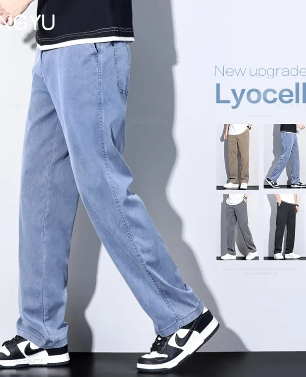 Summer New Upgrade Soft Lyocell Fabric Jeans Men Ultrathin Blue Elastic Waist Loose Straight Denim Trousers Male Plus Size 5XL
