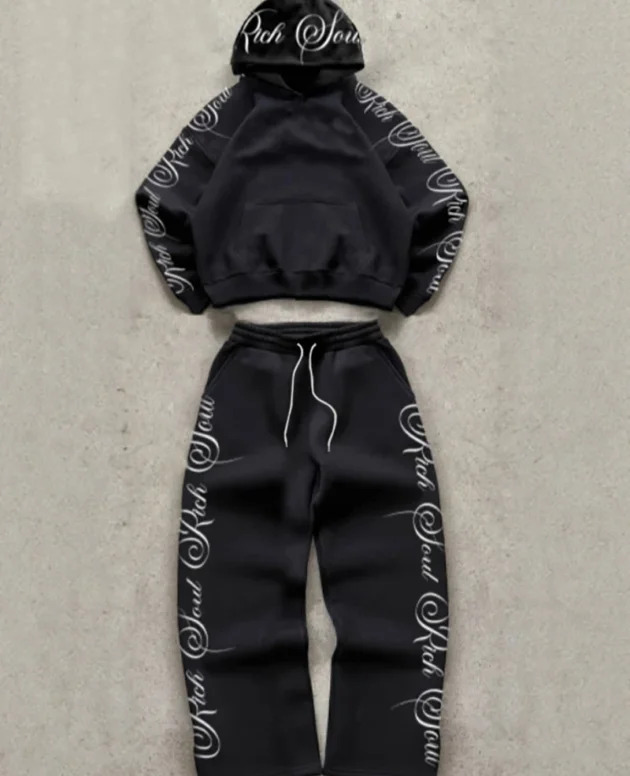 2-Piece Set Men's Trendy Street Style Floral Letter Print Hooded Zip-Up Sweatshirt and Pants Set Casual Hoodie Sports Pants