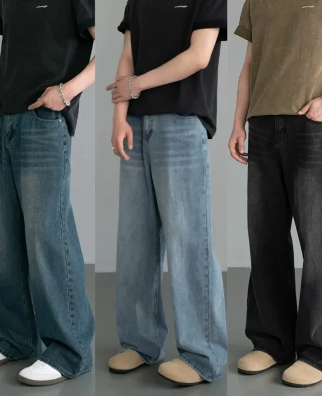 Spring Autumn Men's New Denim Pants Old Blue Washed Casual Jeans Menwear Loose New Fashion contrasting color Wide Leg Trousers