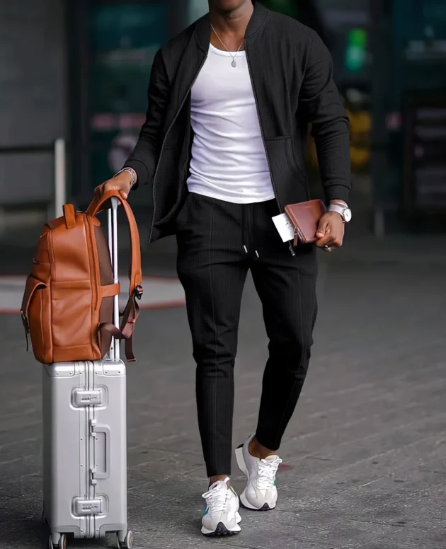 Men's Spring Casual Blazer Set Waffle Baseball Suit round Neck Zipper Long Sleeve Two-Piece Fashion Outfit with Pocket