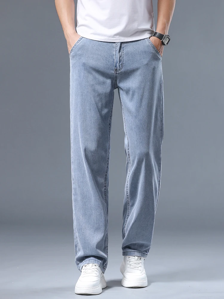 Summer Ultra-thin Men's Jeans Lyocell Soft Breathable Loose Straight Light Blue Denim Pants Business Casual Ice Silk Trousers - Image 4