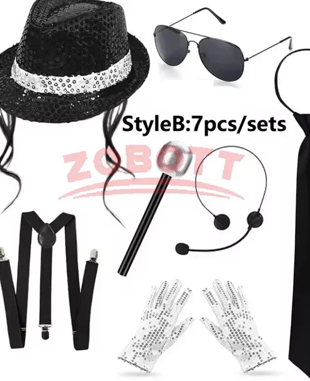 70 80s Superstars Michael Jackson Cosplay Prop MJ Hat with Wig Glove Glasses Set Fans Performance Costume Birthday Dance Gifts