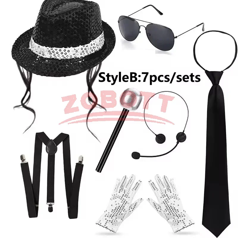70 80s Superstars Michael Jackson Cosplay Prop MJ Hat with Wig Glove Glasses Set Fans Performance Costume Birthday Dance Gifts