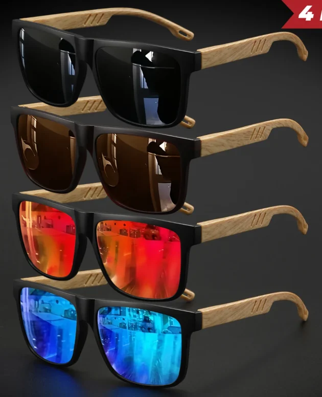 New Fashion Square Sunglasses - Wood Grain Spring Hinge, UV400 Unisex for Driving, Hiking & Travel