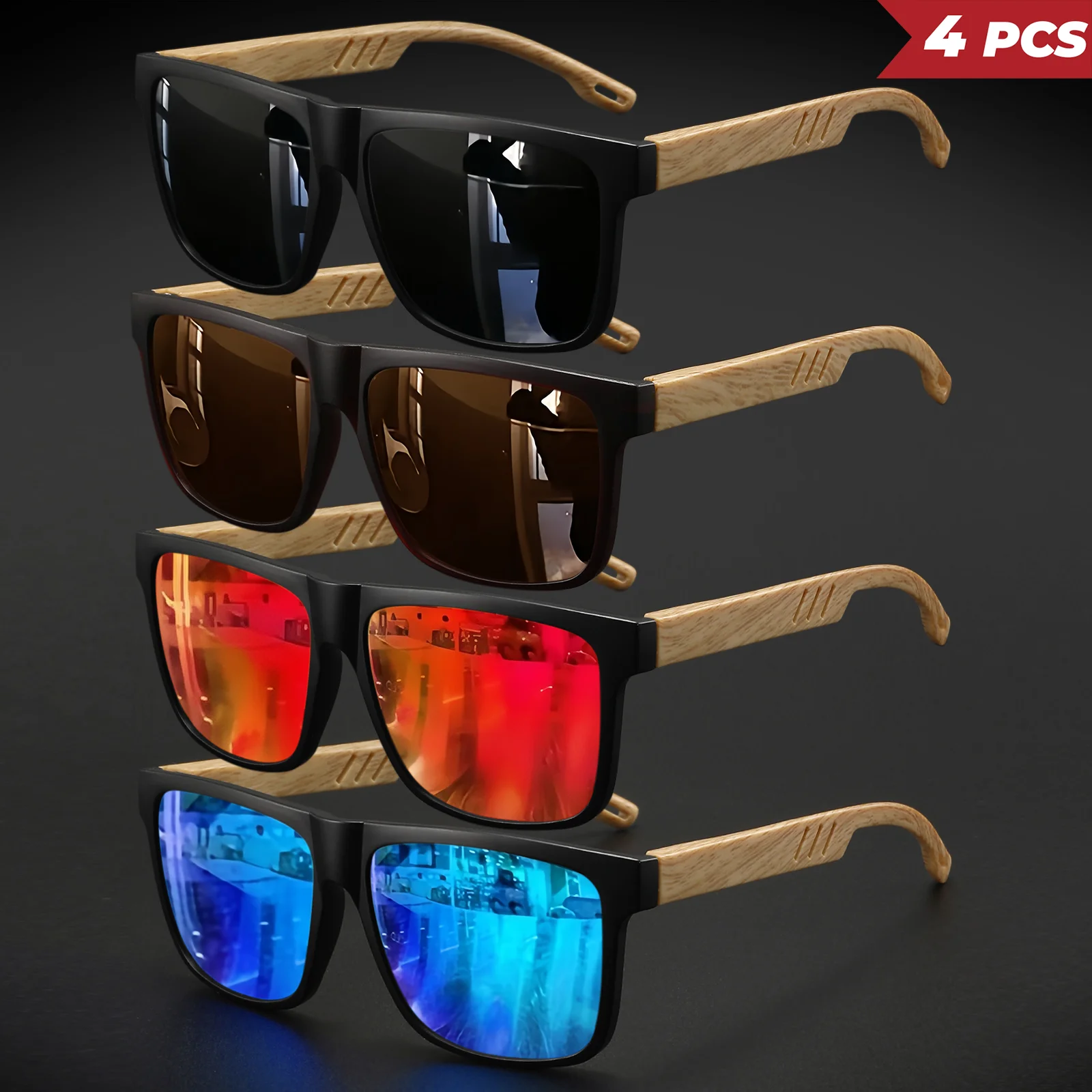 New Fashion Square Sunglasses - Wood Grain Spring Hinge, UV400 Unisex for Driving, Hiking & Travel