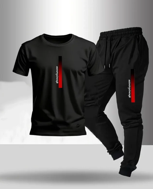 New men's fashionable letter gradient printed breathable T-shirt and drawstring pants set suitable for outdoor casual wear