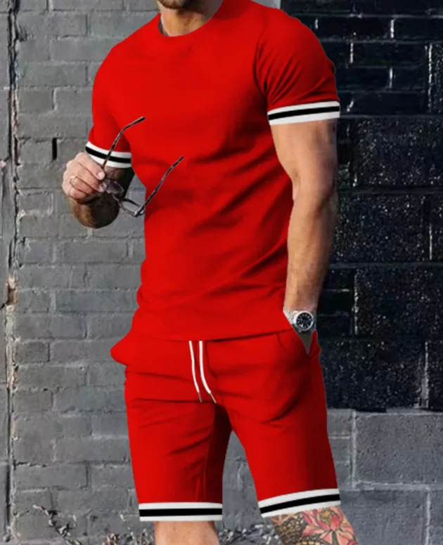 EUROPEAN AND AMERICAN MEN'S SUMMER MEN'S LOOSE SET SHORT SLEEVED SHORTS SPORTS CASUAL ROUND NECK TWO-PIECE SET MEN'S S-3XL