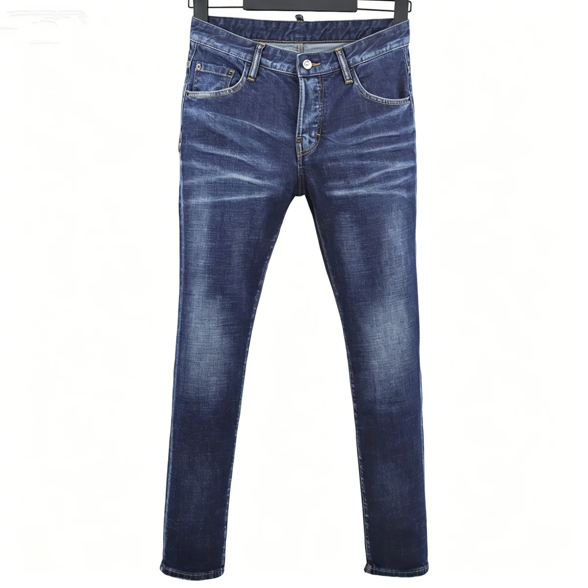 6057 Four Seasons New Men's Wear Washed Ripped Patch Paint Slim-fit Feet Blue Jeans for Men