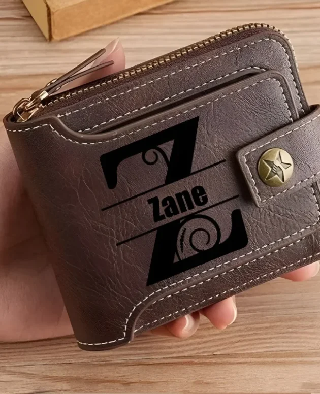 Personalized PU Leather Chain Short Wallet For Man, Engraved Name&Text Bifold Stylish Brown Wallet For Man Valentines Birthday