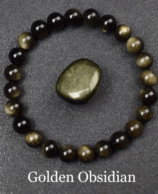 Natural Golden Obsidian Stone Beads Bracelet Men Women Golden Light Rainbow Obsidian Raw Stone Round Bead Natural Energy Jewelry