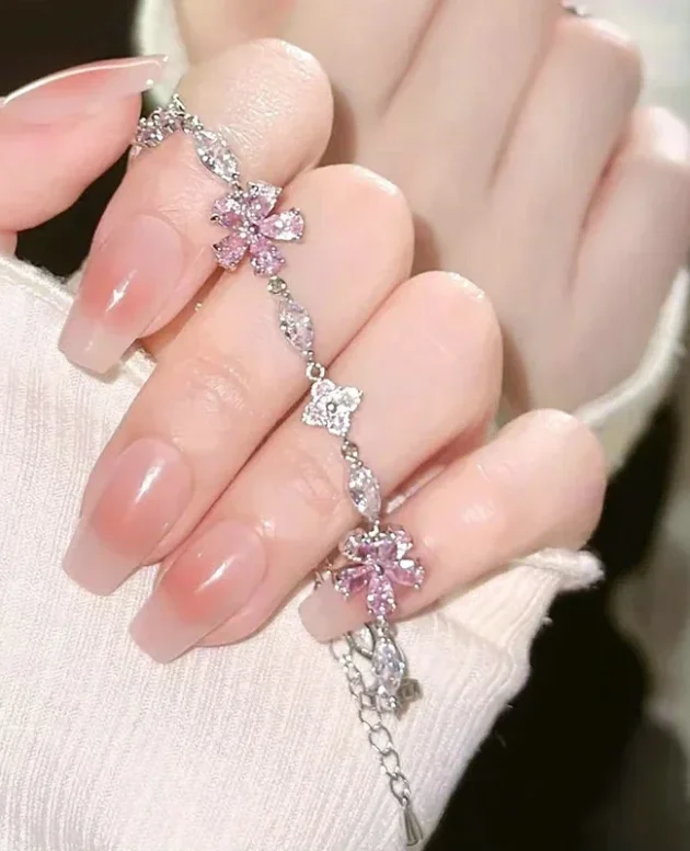 Elegant Fairy Pink Crystal Zircon Sakura Flowers Bracelet for Women Y2K Sweet Girls Cherry Blossom Moon Bow Knot Jewelry Gifts