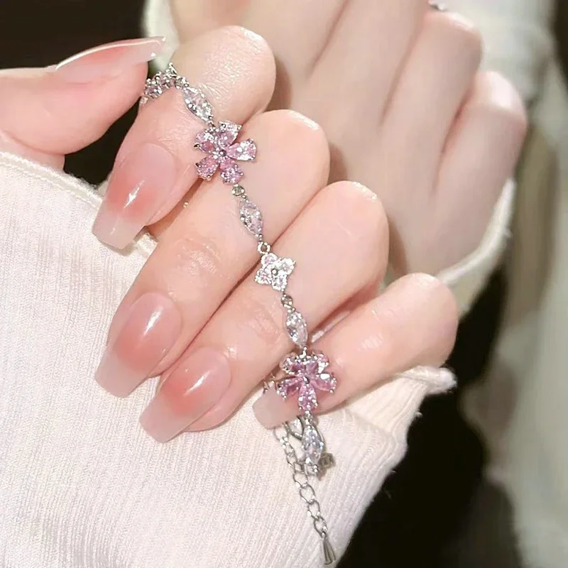 Elegant Fairy Pink Crystal Zircon Sakura Flowers Bracelet for Women Y2K Sweet Girls Cherry Blossom Moon Bow Knot Jewelry Gifts