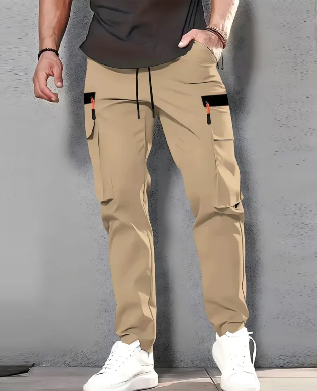 Men's Spring/Summer New Multi-pocket Quick-dry Straight-leg Cargo Pants, Waterproof Fabric with Drawstring Design