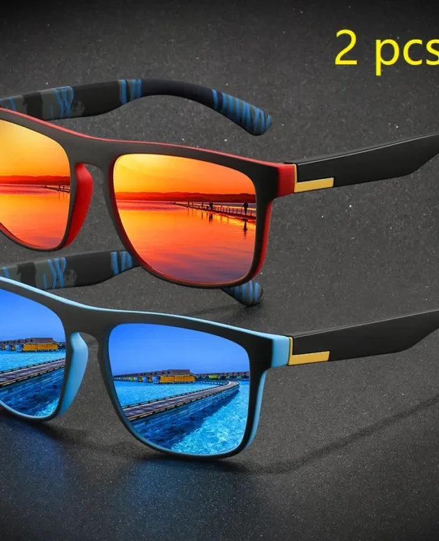 2 Pieces Fashion Vintage Square Sports Sunglasses Men Women Driving Fishing Brand Designer Sun Glasses Retro Man Eyewear UV400