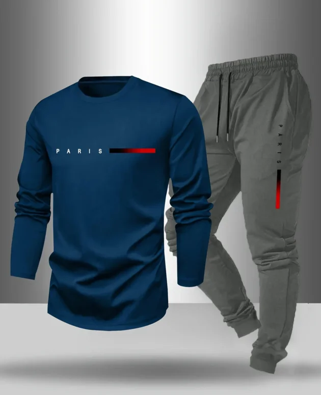 Men's Spring and Autumn Paris Letter Printed Round Neck Long Sleeved T-shirt Outdoor Casual Sports Pants Set 2-piece Set