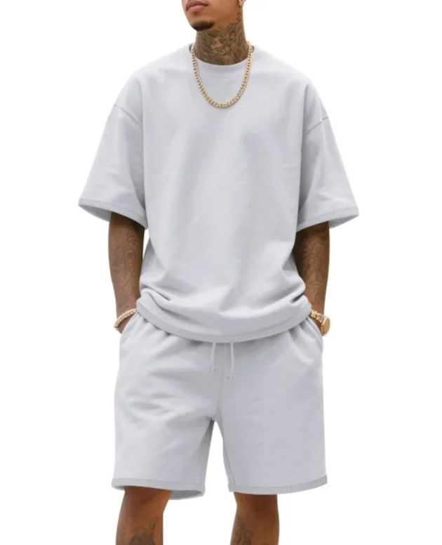 2025 100% Cotton Men's Summer American-Style Loose High Street Hip-Hop Sport Short-Sleeved Set with Shorts