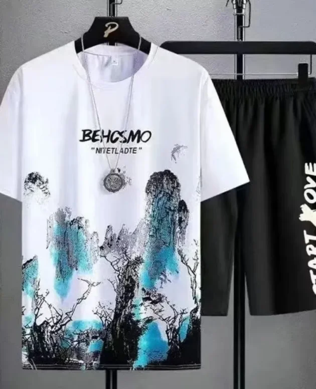 2025 New Summer Casual Men's Breathable Manga Graffiti Round Neck T-shirt Shorts Set Outdoor Leisure Sports Set