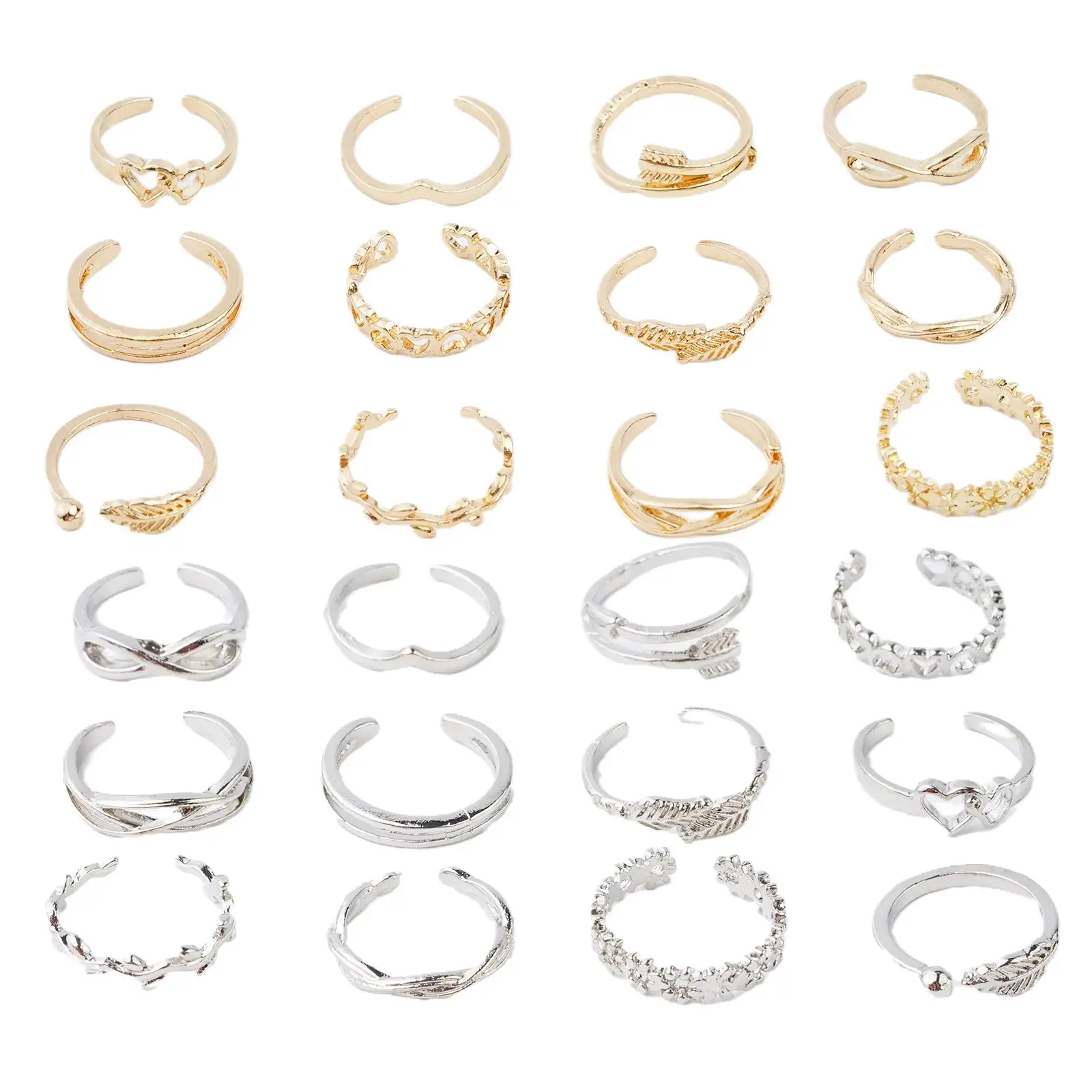 12pcs Toe Ladies Adjustable Toe Rings Summer Fashion Foot Beach Open Barefoot Finger Rings Cute Heart Feather Jewelry