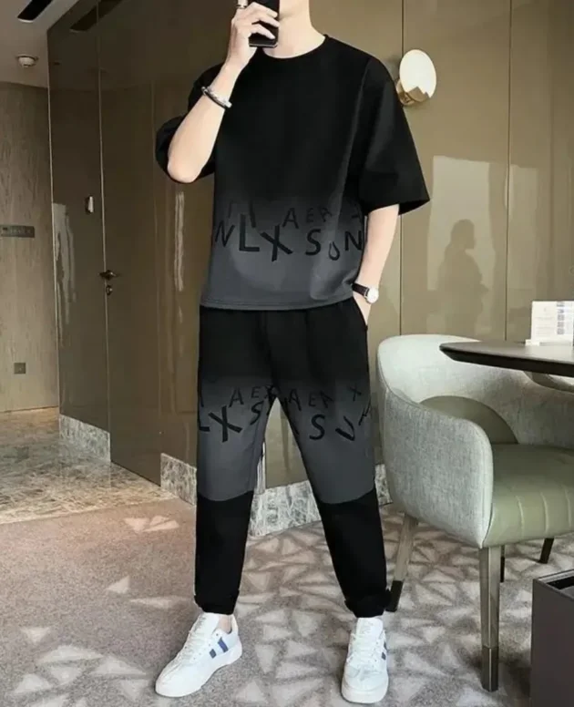 Summer men's gradient letter print pattern breathable round neck T-shirt pants set outdoor casual two-piece set