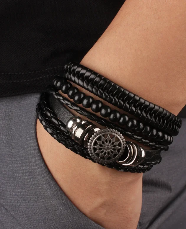 4Pcs/ Set Braided Wrap Leather Bracelets for Men Vintage Life Tree Rudder Charm Wood Beads Ethnic Tribal Wristband Rope Bracelet