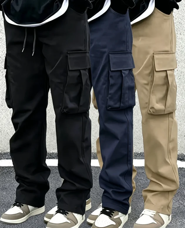 3-Pc Men'S Casual Work Pants, Polyester, Solid Color, Regular Fit, Featuring Multiple Pockets, Suitable for Spring And Autumn, Ideal for Casual Wear Or Work Pants | Casual Style Pants | Polyester Work Pants