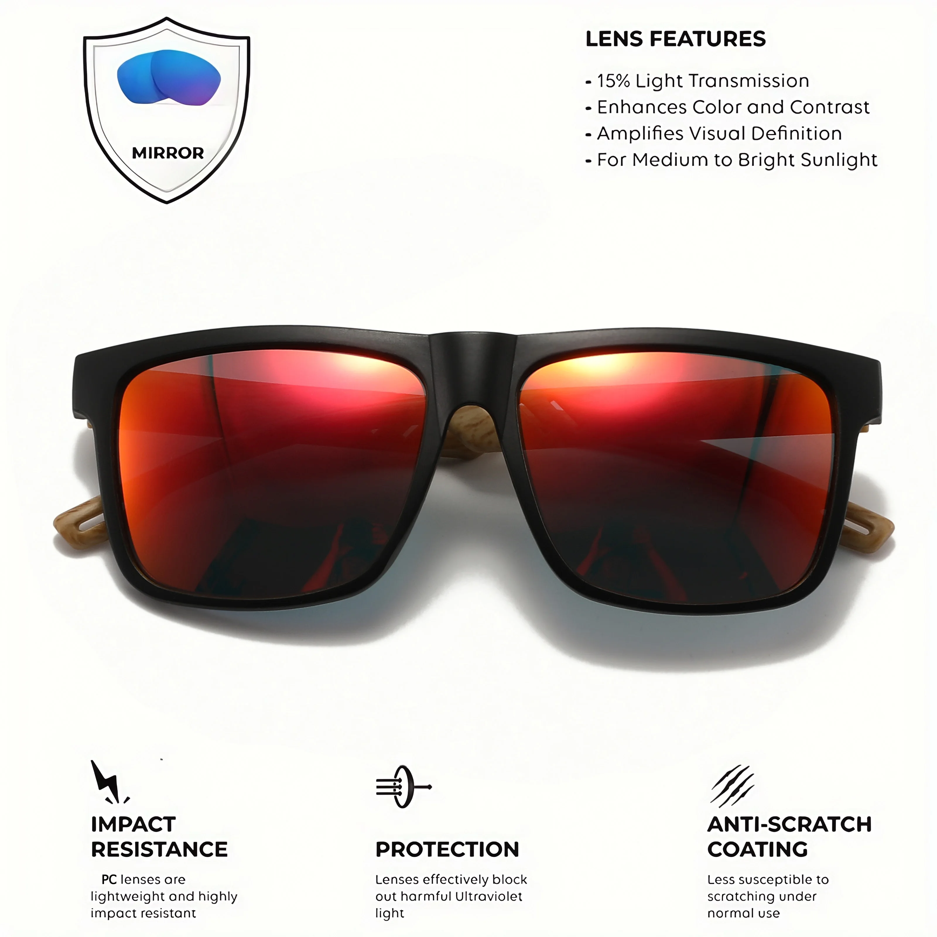 New Fashion Square Sunglasses - Wood Grain Spring Hinge, UV400 Unisex for Driving, Hiking & Travel - Image 4