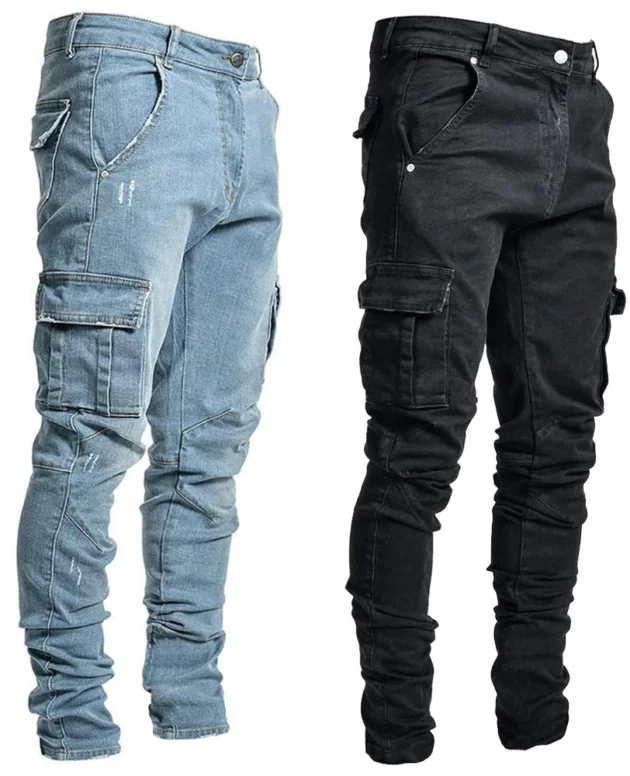 Street Elastic Jeans Men Denim Cargo Pants Wash Solid Color Multi Pockets Casual Mid Waist Trousers Slim Fit Daily Wear Joggers