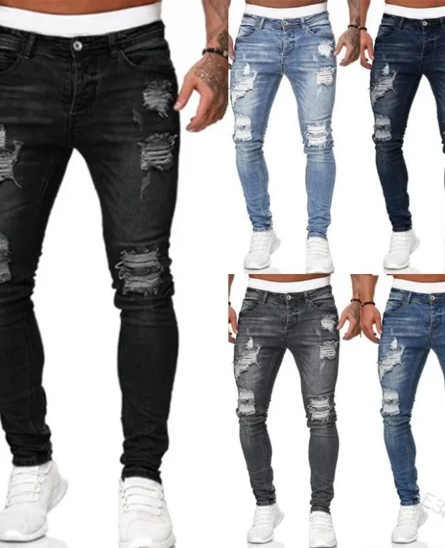 Fashion Street Style Ripped Skinny Jeans Men Vintage wash Solid Denim Trouser Mens Casual Slim fit pencil denim Pants hot sale