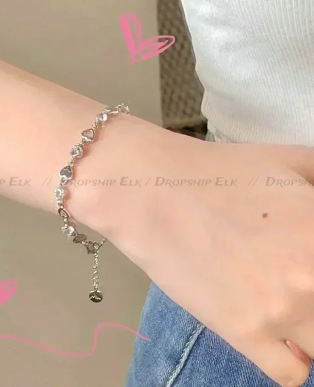 Y2K Zircon Korean Bracelets Women Hollow Out Y2K Butterfly Chain Bracelet Ins Heart Sterling Silver Sweet Girls Jewelry Gifts