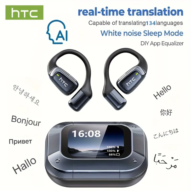【AI Translator Earbuds】HTC NE25 Bluetooth Earphones LCD Touch Screen Sport Wireless Headphones Long Life with HD Mic