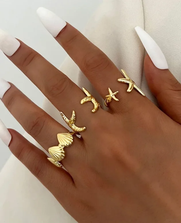 Punk Starfish Scallop Adjustable Open Rings Set for Women Trendy Geometric Gold Color Metal Irregular Ring Summer Beach Jewelry